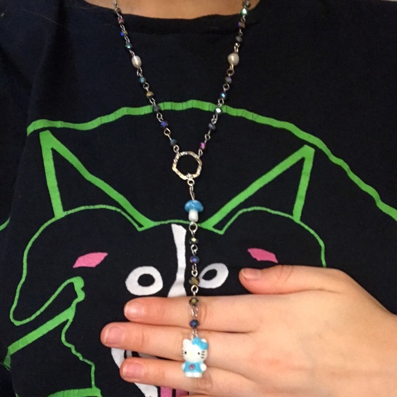FAIRYCORE BLUE MUSHROOM HELLO KITTY WHIMSIGOTH ROSARY NECKLACE - Picture 2 of 5